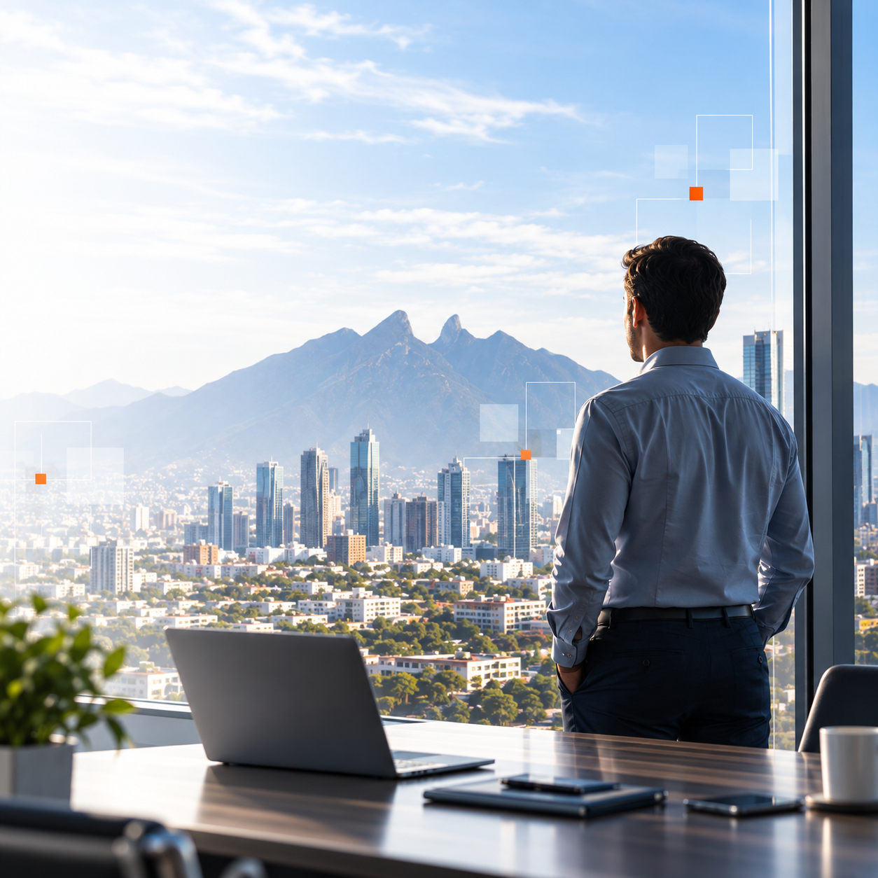 Vista empresarial de Monterrey desde una oficina moderna
